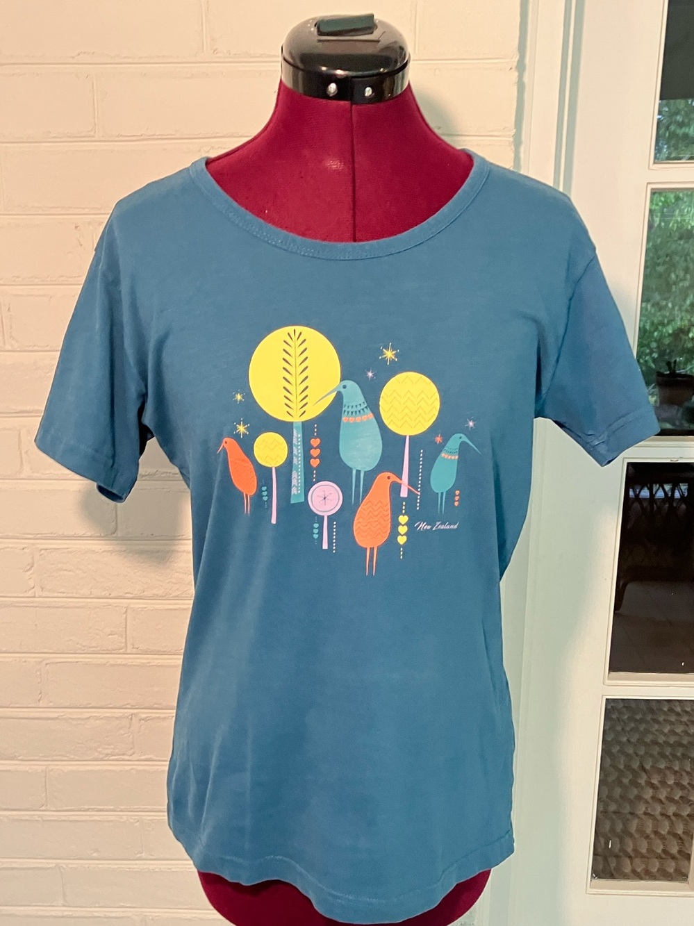 Wild Kiwi New Zealand Graphic Tee Teal Blue Mid-Century Retro Kiwi Bird